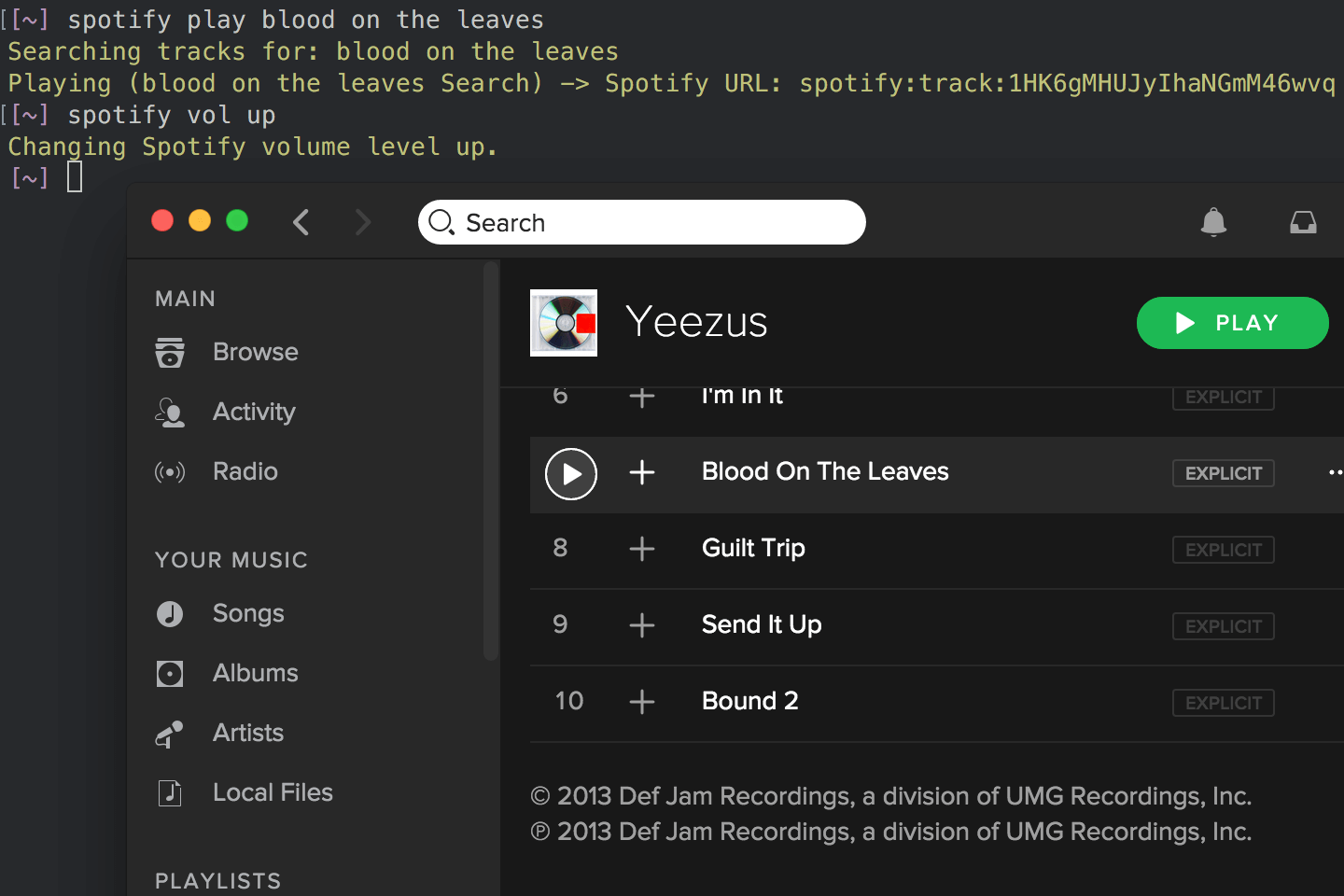 A command-line interface for Spotify on a Mac.
